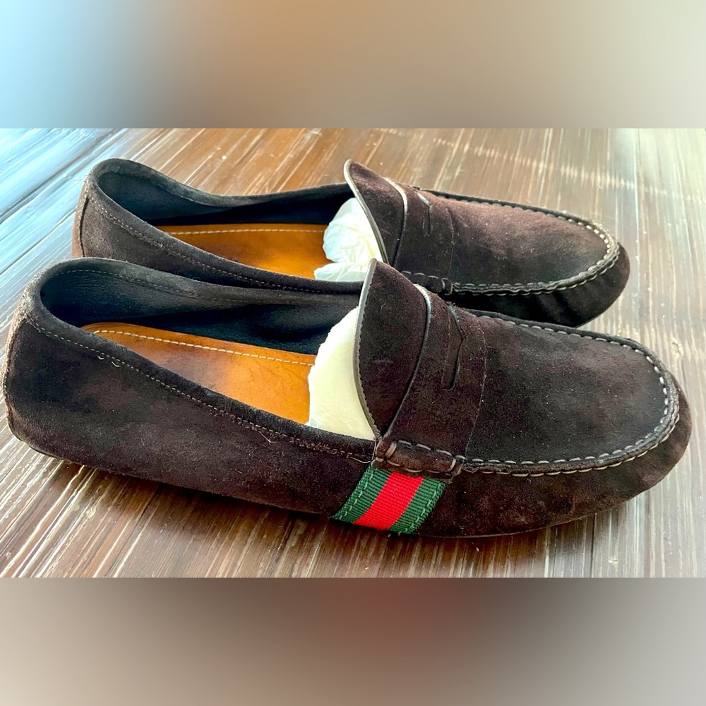 Gucci suede brown loafer with red and green strips on side. Size 10.5